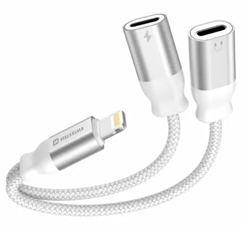 Swissten TEXTILE Nabíjací audio adaptér Lightning (M) - 2x Lightning (F) 0.12m biela