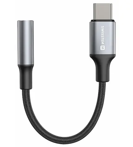 Swissten TEXTILE Audio adaptér USB-C (M) - 3.5mm Jack 0.15m čierna