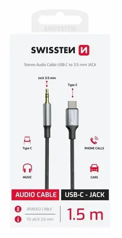 Swissten TEXTILE Audio adaptér USB-C (M) - 3.5mm Jack 1.5m čierna