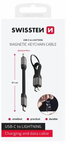 Swissten Magnetický keychain kábel USB-C (M) - Lightning 9.7cm / 15W
