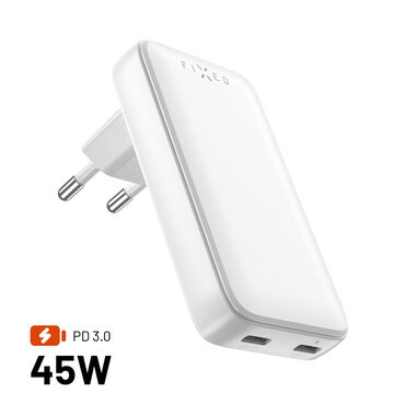 FIXED Sieťová GaN nabíjačka Slim s 2x USB-C výstupom a podporou PD 45W biela