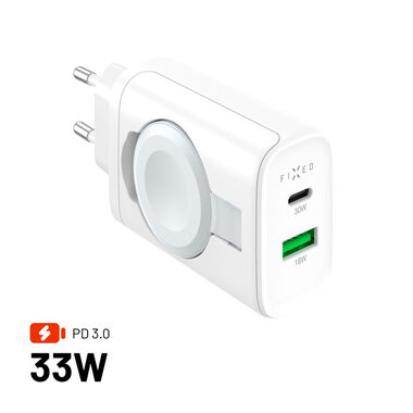 FIXED Sieťová nabíjačka Power Socket s USB-A a USB-C výstupom a vyklápacou nabíjačkou pre Apple Watch 33W biela