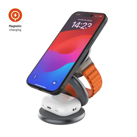 FIXED Bezdrôtová skladacia nabíjačka 3v1 MagPowerstation Round s podporou MagSafe 15W+5W+5W šedá