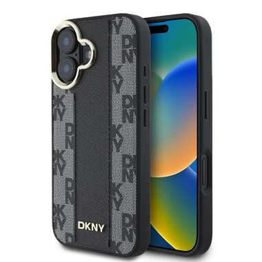 DKNY PU Leather Checkered Pattern Magsafe Zadný Kryt pre Apple iPhone 16 PLUS čierna