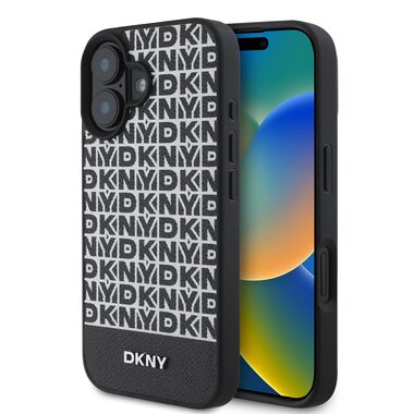 DKNY PU Leather Repeat Pattern Bottom Stripe MagSafe Zadný Kryt pre Apple iPhone 16 PLUS čierna