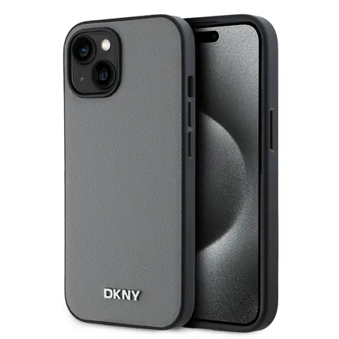 DKNY PU Leather Silver Metal Logo Magsafe Zadný Kryt pre Apple iPhone 15 sivá