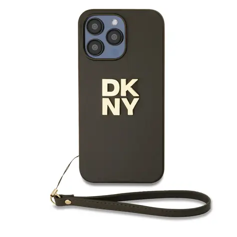 DKNY PU Leather Stack Logo Wrist Strap Zadný Kryt pre Apple iPhone 14 Pro hnedá