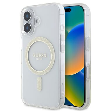 Guess IML Glitter Ring MagSafe Zadný Kryt pre Apple iPhone 16 PLUS číra