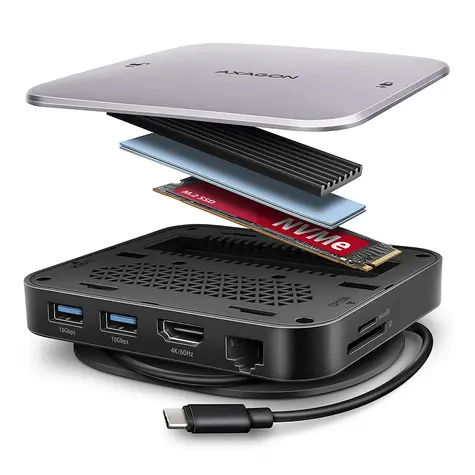 Axagon HMC-UFO, USB 10Gbps húb, 2x USB-A, USB-C, HDMI 4k/60, RJ-45, M.2 slot, SD/mSD, audio, PD 100W, kábel USB-C 65cm