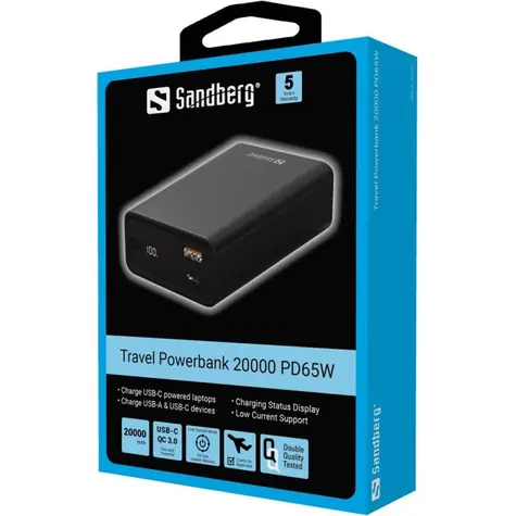 Sandberg Ttravel Powerbank čierna / USB-C PD 65W / 20000mAh / USB-C / USB-A