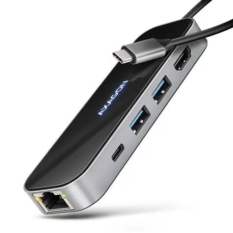 Axagon HMC-6GLN, USB 5Gbps húb, 2x USB-A, USB-C, HDMI 4k/60Hz, RJ-45 GLAN, PD 100W, kábel USB-C 20cm