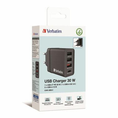 Verbatim USB nabíjačka do siete 30W čierna / 30w / 4 porty