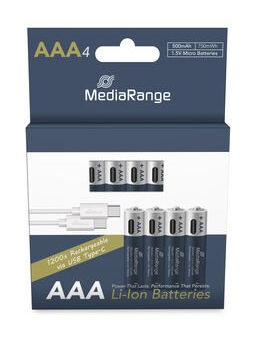 MediaRange nabíjací USB-C Li ION batéria Micro AAA / 500mAh / 1.5V / 4ks