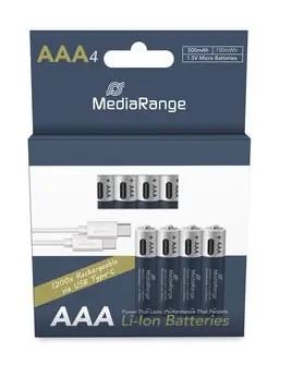 MediaRange nabíjací USB-C Li ION batéria Micro AAA / 500mAh / 1.5V / 4ks