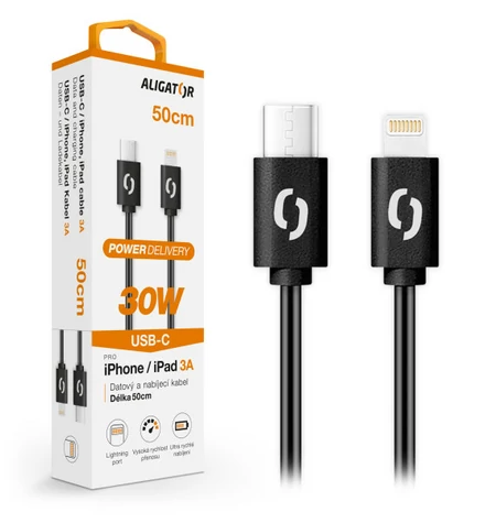 Aligator Dátový kábel POWER 30W / USB-C / Lightning 3A / 0 / 5m čierny