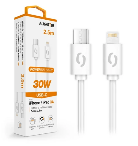 Aligator Dátový kábel POWER 30W / USB-C / Lightning 3A / 2 / 5m biely