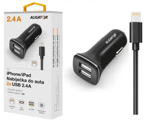 Aligator Nabíjačka do auta pre iPh 5/6/7/8 s 2xUSB výstupom 2/4A/Turbo charge/čierna