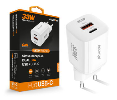 Aligator Rýchla nabíjačka GaN / PD 33W USB + USB-C / biela
