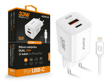 Aligator Rýchla nabíjačka GaN / PD 33W / USB-C / Lightning kábel / biela