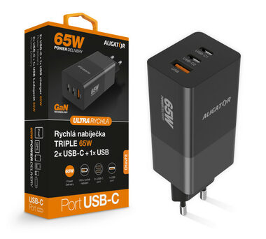 Aligator Rýchla nabíjačka GaN / PD 65W / 2xUSB-C / 1xUSB-A / čierna