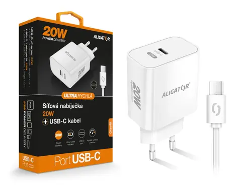 Aligator Rýchla nabíjačka PD 20W USB-C / USB-C / USB-C kábel / biela