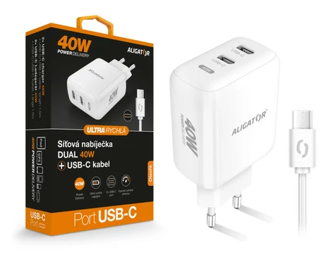 Aligator Rýchla nabíjačka Aligator / PD 40W / 2xUSB-C / USB-C/USB-C kábel / biela