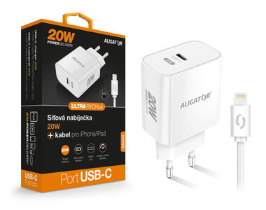 Aligator Rýchla nabíjačka USB-C PD 20W s káblom USB-C/Lightning (iPhone) / biela