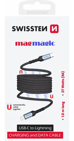 Swissten Magnetický dátový kábel USB-C - LIGHTNING 1m čierna