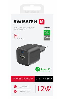 Swissten Sieťový adaptér 1x USB-C + 1x USB-A 12W čierna