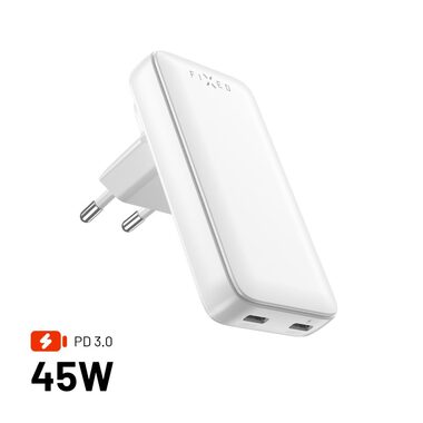 FIXED Sieťová GaN nabíjačka Slim Traveller s 2x USB-C výstupom s vymeniteľnými adaptérmi 45W biela