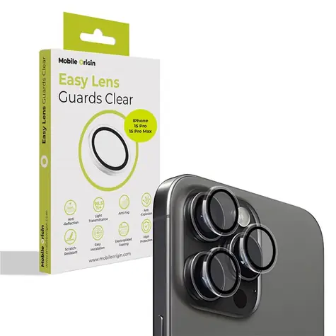 Mobile Origin Easy Lens guards ochranné sklo na objektív pre Apple iPhone 15 Pro/15 Pro Max číra