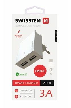 Rozbalené - Swissten SMART IC sieťový adaptér 2x USB 3A POWER + dátový kábel USB - USB-C 1.2m biela / rozbalené