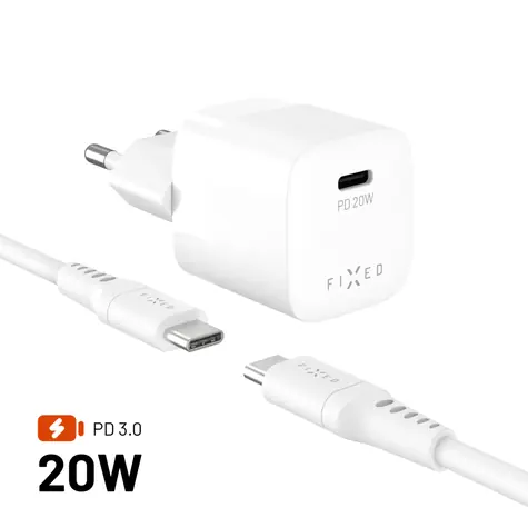 FIXED Set sieťovej nabíjačky Mini s USB-C výstupom a USB-C/USB-C kábla podpora PD 1.2 meter 20W biely