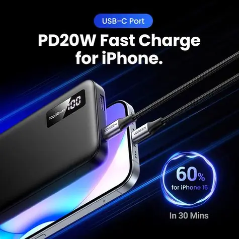Ugreen Powerbanka PB311 čierna / 10000mAh / 20W / USB + USB-C