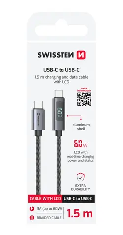 Swissten Kábel USB-C s LCD displejom 1.5m čierna / 60W / 2x USB-C (M)