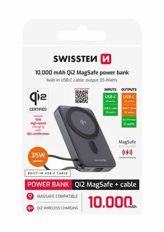 Swissten 22013979 MagSafe Qi2 powerbanka 10000 mAh s integrovaným USB-C káblom 15W čierna