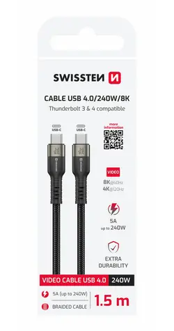 Swissten USB 4.0 dátový/video kábel 240W 1.5m čierna / 8K @ 60Hz / 2x USB-C (4.0)