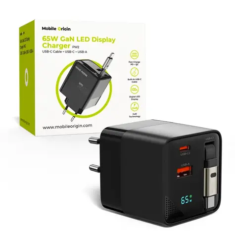 Mobile Origin v GaN 65W čierna / Nabíjačka s LED displejom / 1x USB-C kábel / 1x USB-C & 1x USB-A