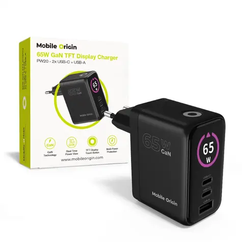 Mobile Origin PW20 GaN 65W čierna / Nabíjačka s TFT displejom / 2x USB-C & 1x USB-A