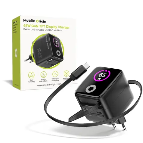 Mobile Origin PW3 GaN 65W čierna / Nabíjačka s TFT displejom / 1x USB-C kábel / 1x USB-C & 1x USB-A