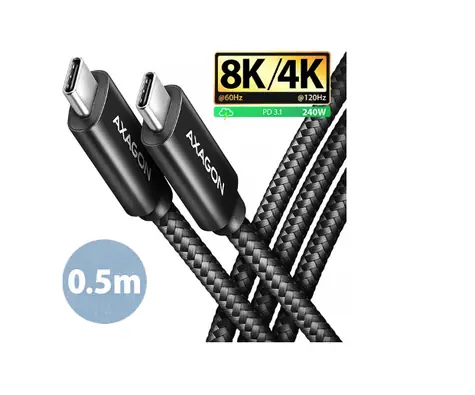 Axagon BUCM4X-CM05AB NewGEN+ kábel USB-C <-> USB-C, 0.5m, USB4 Gen 3×2, PD 240W 5A, 8K HD, ALU, oplet, čierny
