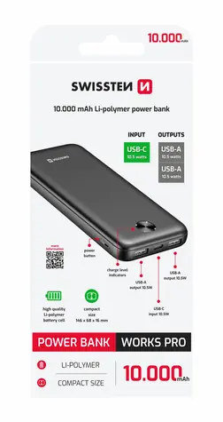 Swissten WORX PRE čierna / Powerbanka / 10000mAh / 2x USB-A + 1x USB-C