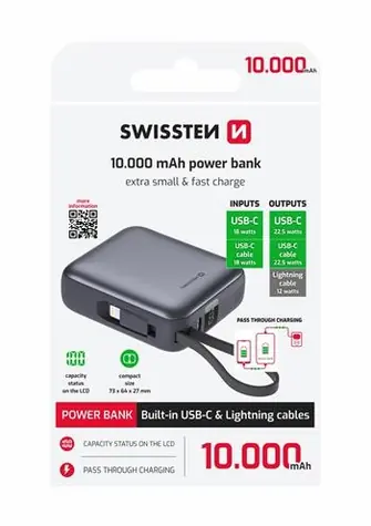 Swissten 22013939 10000mAh strieborná / Powerbanka s integrovanými káblami / 2x USB-C + Lightning