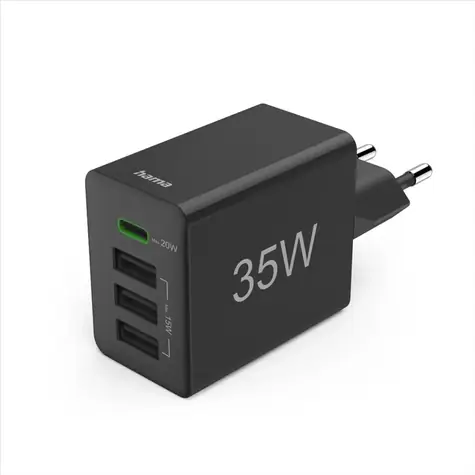 HAMA rýchla USB nabíjačka čierna / 1x USB-C / 3x USB-A / PD / QC / 35 W