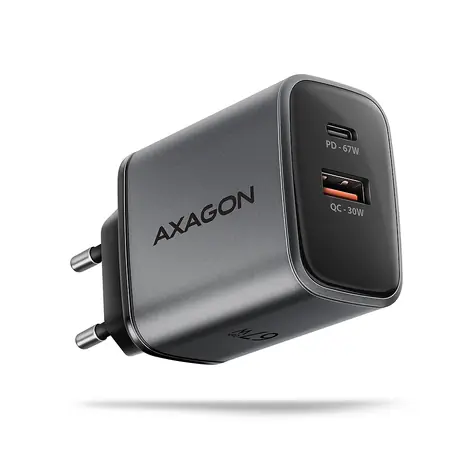 Axagon ACU-PQ67 sivá / GaN nabíjačka do siete / 1x USB-A / 1x USB-C / 67W