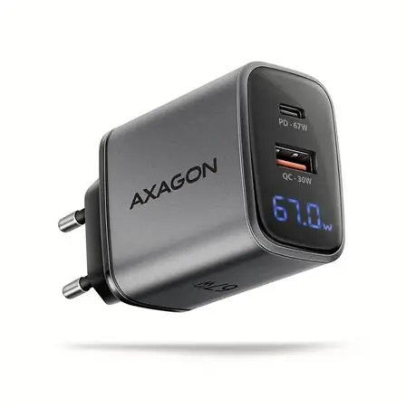 Axagon ACU-PQ67D sivá / GaN nabíjačka do siete / 1x USB-A / 1x USB-C / 67W / LCD display