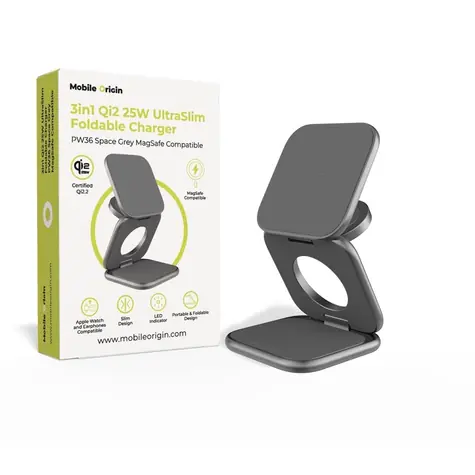 Mobile Origin 3in1 Qi2 25W UltraSlim Foldable Charger PW36 MagSafe Compatible šedá / Bezdrôtová nabíjačka