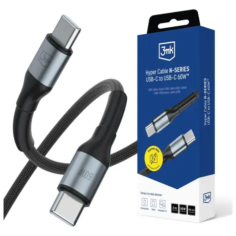 3mk Hyper kábel N-SERIES USB-C na USB-C 2m 20V/3A 60W čierna