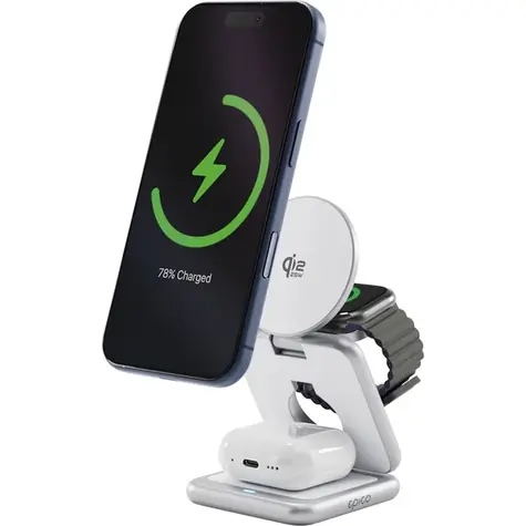 Epico UltraBase Qi2 3v1 Fold kovový Mag+ strieborná / Bezdrôtový nabíjací stojan / 25 W / Magsafe / Qi2