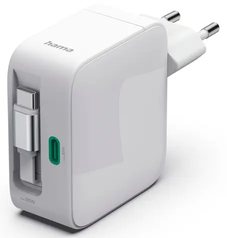 HAMA rýchla USB nabíjačka 30 W GaN biela / Navíjací kábel / 2x USB-C
